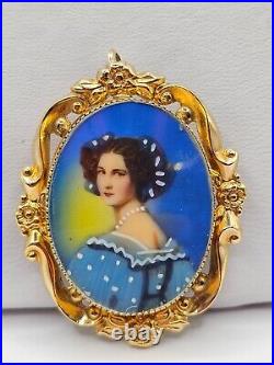 Vintage Victorian Hand painted 10k yellow gold brooch