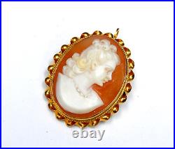 Vintage Victorian Italy Hand Carved Shell Cameo Brooch Pendant 14K Yellow Gold
