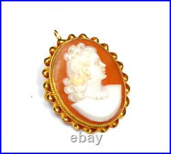 Vintage Victorian Italy Hand Carved Shell Cameo Brooch Pendant 14K Yellow Gold