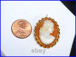 Vintage Victorian Italy Hand Carved Shell Cameo Brooch Pendant 14K Yellow Gold