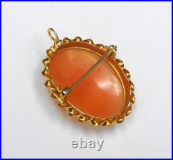 Vintage Victorian Italy Hand Carved Shell Cameo Brooch Pendant 14K Yellow Gold