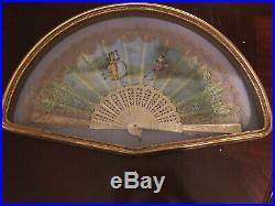 Vintage Victorian Lace Folding Ladies Hand Opera Fan Elegant Gold Guilt Framed
