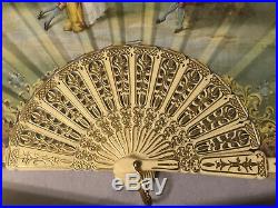 Vintage Victorian Lace Folding Ladies Hand Opera Fan Elegant Gold Guilt Framed