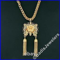 Vintage Victorian Revival 14K Gold Hand Engraved Diamond Tassel Pendant Necklace