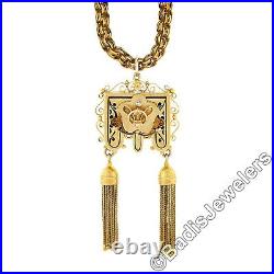 Vintage Victorian Revival 14K Gold Hand Engraved Diamond Tassel Pendant Necklace