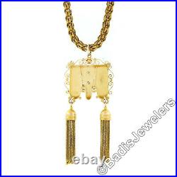 Vintage Victorian Revival 14K Gold Hand Engraved Diamond Tassel Pendant Necklace