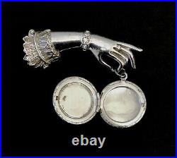 Vintage Victorian Revival Hand Brooch Silver Plated Dangle Locket Faux Pearl Pin