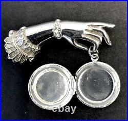 Vintage Victorian Revival Hand Brooch Silver Plated Dangle Locket Faux Pearl Pin