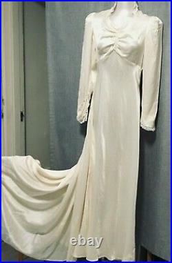 Vintage Victorian Style Women Dress Silk Cream Long With Tail Hand Sewn Size S