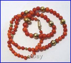 Vintage Victorian hand cut Coral Beads newly strung with 18 karat Gold beads