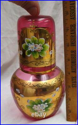 Vintage unmarked Moser art glass Tumble-up decanter & tumbler hand painted gold