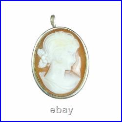 Vtg Antique Victorian 800 Silver Hand Carved Shell Coral Cameo Pendant Brooch