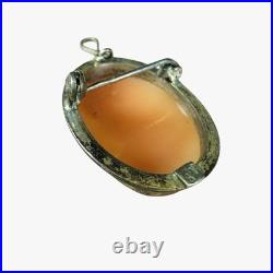 Vtg Antique Victorian 800 Silver Hand Carved Shell Coral Cameo Pendant Brooch