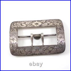Vtg Antique Victorian Hand Chased Sterling Silver Floral Large Belt Buckle LHL4