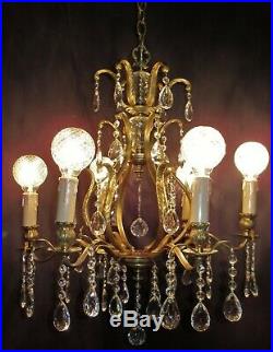 Vtg Deco Era Victorian French / Sweden Brass Chandelier Fixture Hand Crystals
