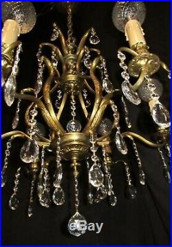 Vtg Deco Era Victorian French / Sweden Brass Chandelier Fixture Hand Crystals