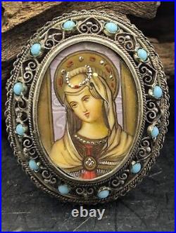 Vtg EUROPEAN Portrait 800 Silver & Turquoise MADONNA HAND PAINTED Pendant Brooch