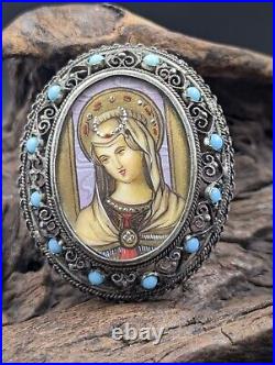 Vtg EUROPEAN Portrait 800 Silver & Turquoise MADONNA HAND PAINTED Pendant Brooch