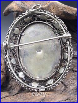 Vtg EUROPEAN Portrait 800 Silver & Turquoise MADONNA HAND PAINTED Pendant Brooch