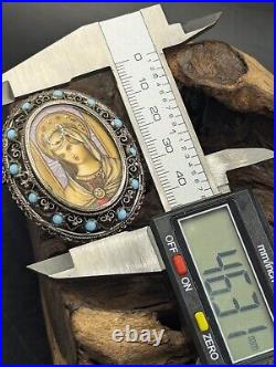 Vtg EUROPEAN Portrait 800 Silver & Turquoise MADONNA HAND PAINTED Pendant Brooch