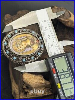 Vtg EUROPEAN Portrait 800 Silver & Turquoise MADONNA HAND PAINTED Pendant Brooch