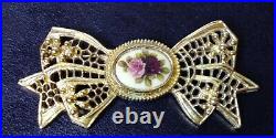 Vtg Gold Tone Bow Womens Pin Floral Hand Painted Enamel Brooch Victorian MCM 28g