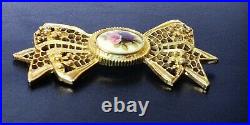 Vtg Gold Tone Bow Womens Pin Floral Hand Painted Enamel Brooch Victorian MCM 28g