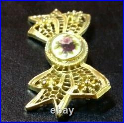 Vtg Gold Tone Bow Womens Pin Floral Hand Painted Enamel Brooch Victorian MCM 28g