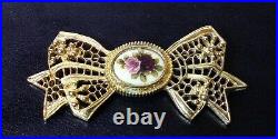 Vtg Gold Tone Bow Womens Pin Floral Hand Painted Enamel Brooch Victorian MCM 28g