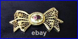 Vtg Gold Tone Bow Womens Pin Floral Hand Painted Enamel Brooch Victorian MCM 28g