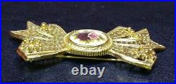 Vtg Gold Tone Bow Womens Pin Floral Hand Painted Enamel Brooch Victorian MCM 28g