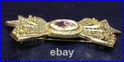 Vtg Gold Tone Bow Womens Pin Floral Hand Painted Enamel Brooch Victorian MCM 28g