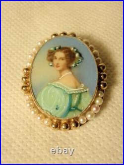 Vtg Hand Painted Cameo Portrait Celluloid Victorian Lady Pin Brooch 1/20 12K GF