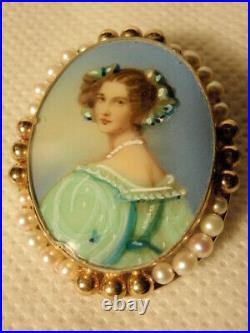 Vtg Hand Painted Cameo Portrait Celluloid Victorian Lady Pin Brooch 1/20 12K GF