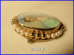 Vtg Hand Painted Cameo Portrait Celluloid Victorian Lady Pin Brooch 1/20 12K GF