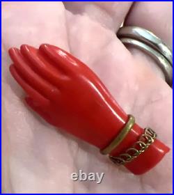 Vtg Red Victorian Human Hand Shaped Pin Brooch with bracelets Celluloid Bakelite
