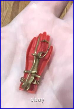Vtg Red Victorian Human Hand Shaped Pin Brooch with bracelets Celluloid Bakelite