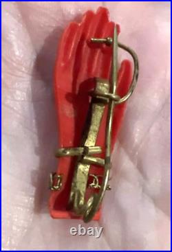 Vtg Red Victorian Human Hand Shaped Pin Brooch with bracelets Celluloid Bakelite