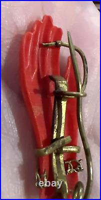 Vtg Red Victorian Human Hand Shaped Pin Brooch with bracelets Celluloid Bakelite