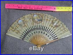 Vtg Victorian French Fold Out Hand Fan Hand Painted Silk 3 Scenes Ornate Cut