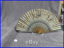 Vtg Victorian French Fold Out Hand Fan Hand Painted Silk 3 Scenes Ornate Cut