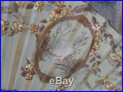 Vtg Victorian French Fold Out Hand Fan Hand Painted Silk 3 Scenes Ornate Cut