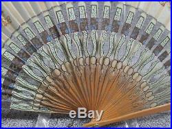 Vtg Victorian French Fold Out Hand Fan Hand Painted Silk 3 Scenes Ornate Cut