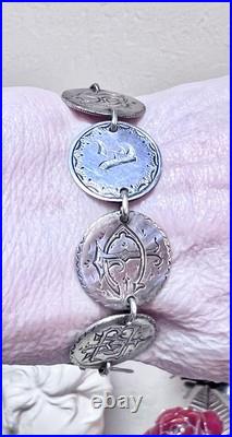 WONDERFUL Antique Sterling Silver Engraved Love Token Liberty Dimes Bracelet