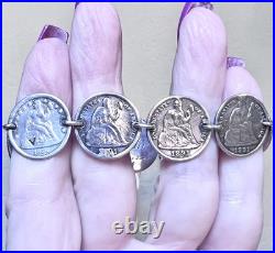 WONDERFUL Antique Sterling Silver Engraved Love Token Liberty Dimes Bracelet