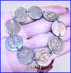 WONDERFUL Antique Sterling Silver Engraved Love Token Liberty Dimes Bracelet