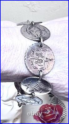 WONDERFUL Antique Sterling Silver Engraved Love Token Liberty Dimes Bracelet