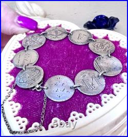 WONDERFUL Antique Sterling Silver Engraved Love Token Liberty Dimes Bracelet