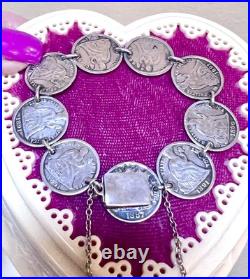 WONDERFUL Antique Sterling Silver Engraved Love Token Liberty Dimes Bracelet