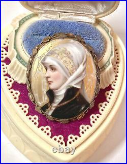 WONDERFUL LARGE Antique Victorian Brooch Hand-Painted Woman In Ornate Setting